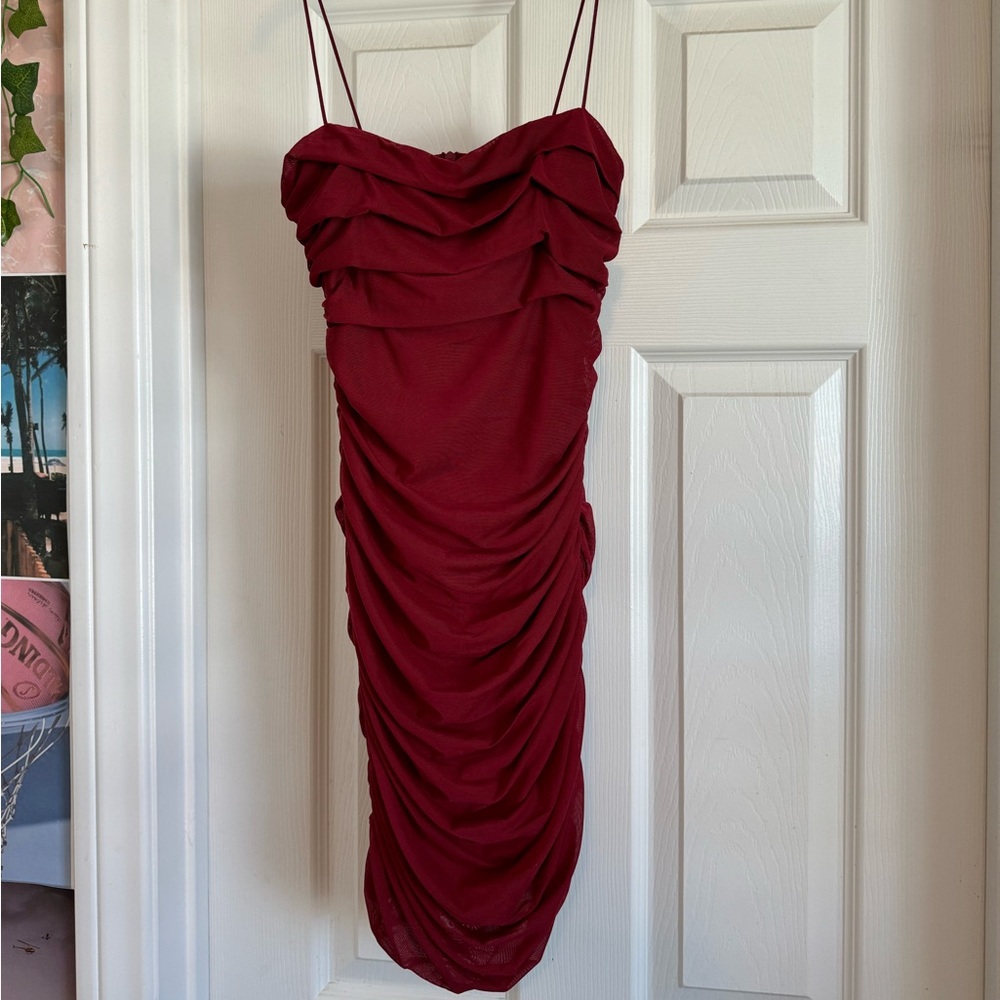 Red ruched mini dress